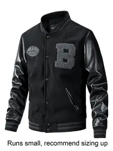 Men's Letter Patched Pocket Button Front Varsity Baseball Jacket, Casual Aesthetic Fashionable Jacket Casual Regular Fit Long Sleeve Stand Collar PU Leather Jacket Coat for Fall Winter
