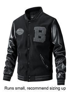 men's letter patched pocket button front varsity jacket, casual regular fit long sleeve stand collar pu leather jacket coat for fall winter