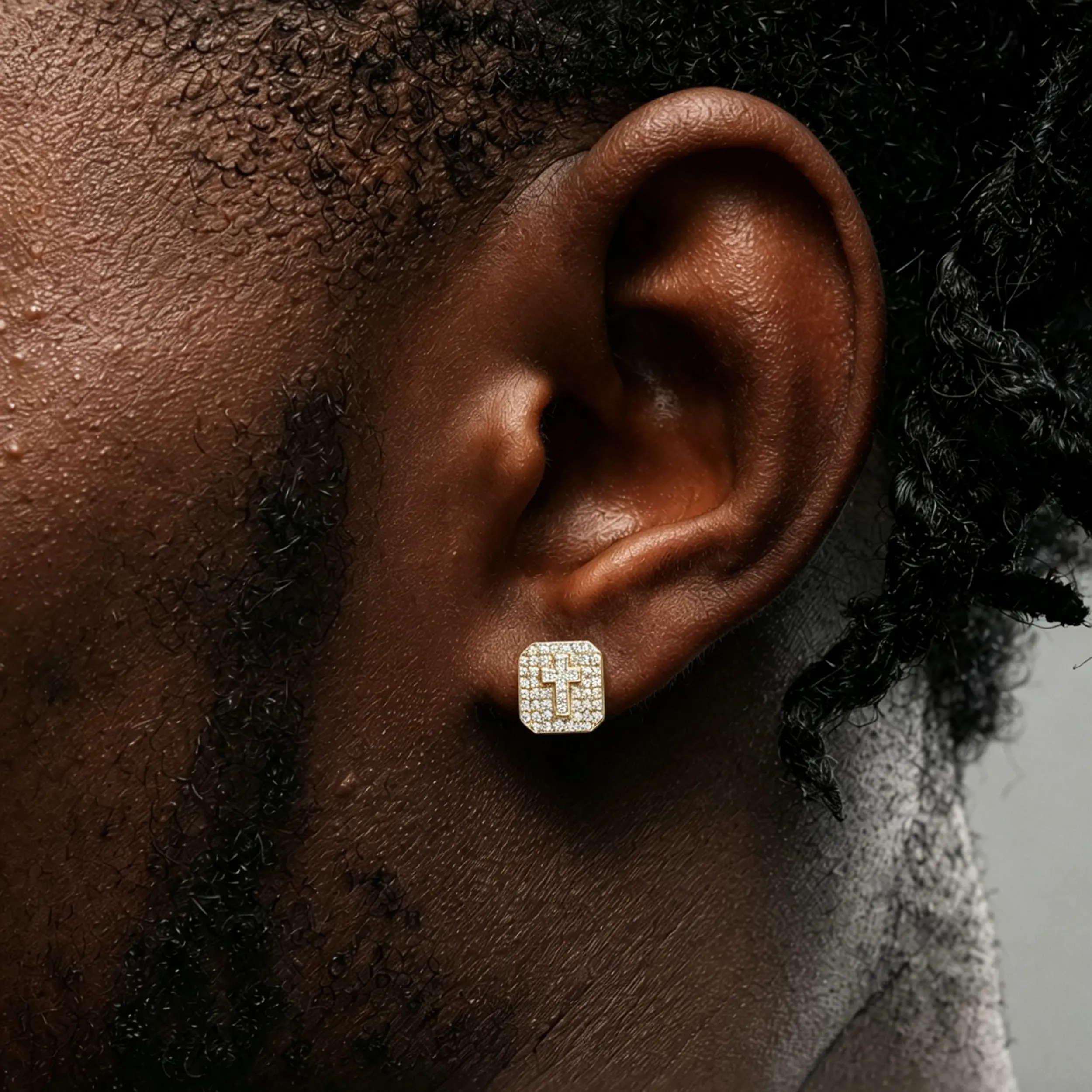 Cross Square Stud Earrings 14K Gold 5A+ Cubic Zirconia Iced Out Sparkle hypoallergenic Cartilage Square Flat Stud Cross Earrings For Men Women,Men's earrings