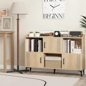 COSTWAY - Sideboard Storage Cabinet Bookcase with 3 Doors and Open Compartments-Oak
