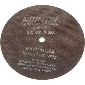 NORTON Reinforced Rim Aluminum Oxide Cutoff Wheel, 6 in x 0.035 in, 3/8 in Hole Mount, 60 Grit, Medium Grade, 10190 Max RPM, for Cutting Metal, Compatible with Die Grinding Tools, 66252835064
