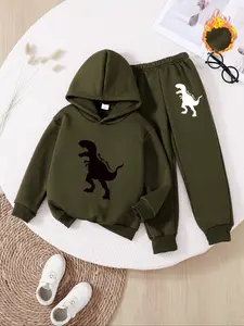 Boys' Cute Dinosaur Hoodie Set, Long Sleeve Fleece Pullover & Comfortable Jogger Pants, Perfect Gift for Kids, Fall Winter Casual Wear