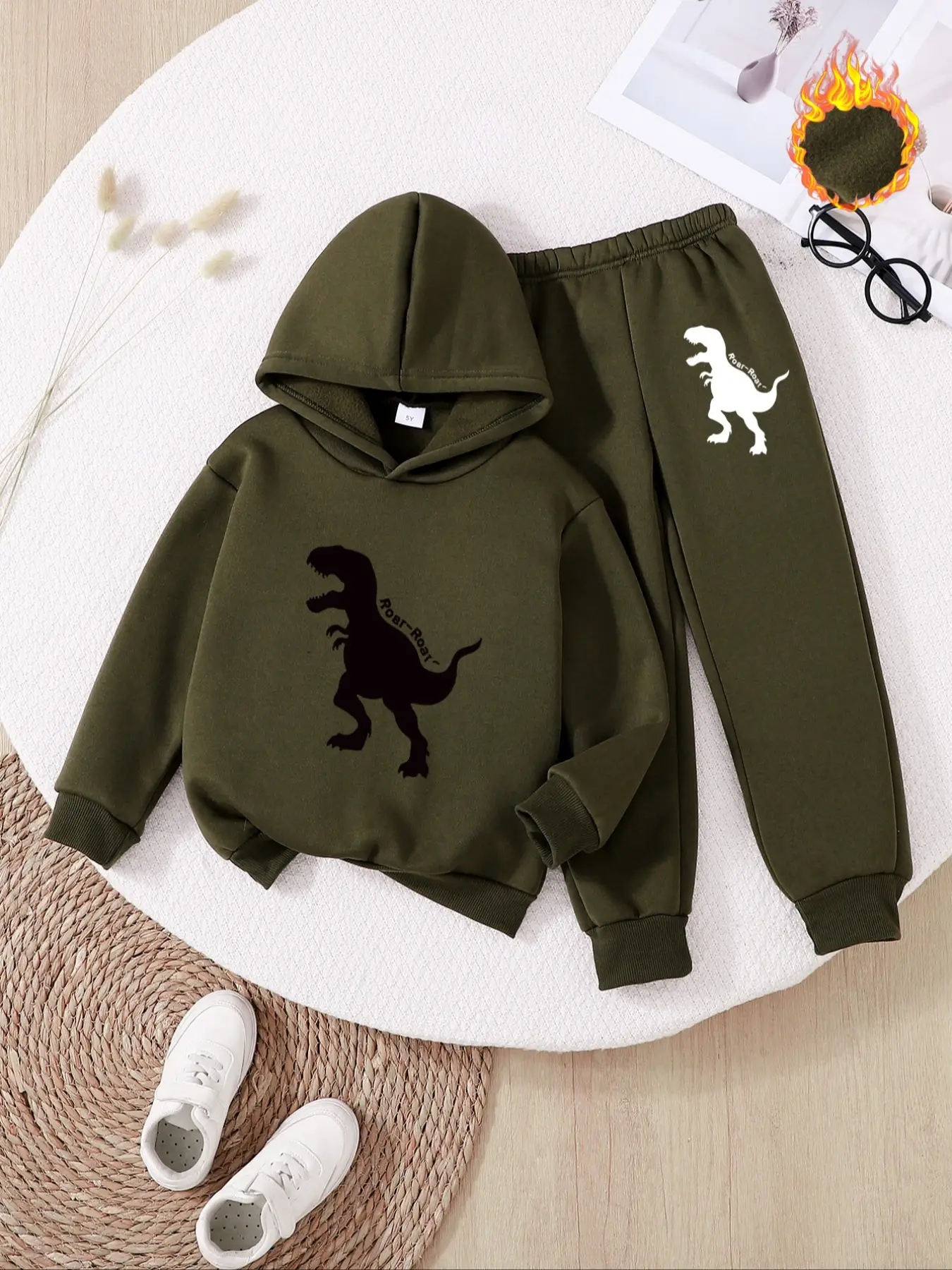 Boys' Cute Dinosaur Hoodie Set, Long Sleeve Fleece Pullover & Comfortable Jogger Pants, Perfect Gift for Kids, Fall Winter Casual Wear, Hoodies