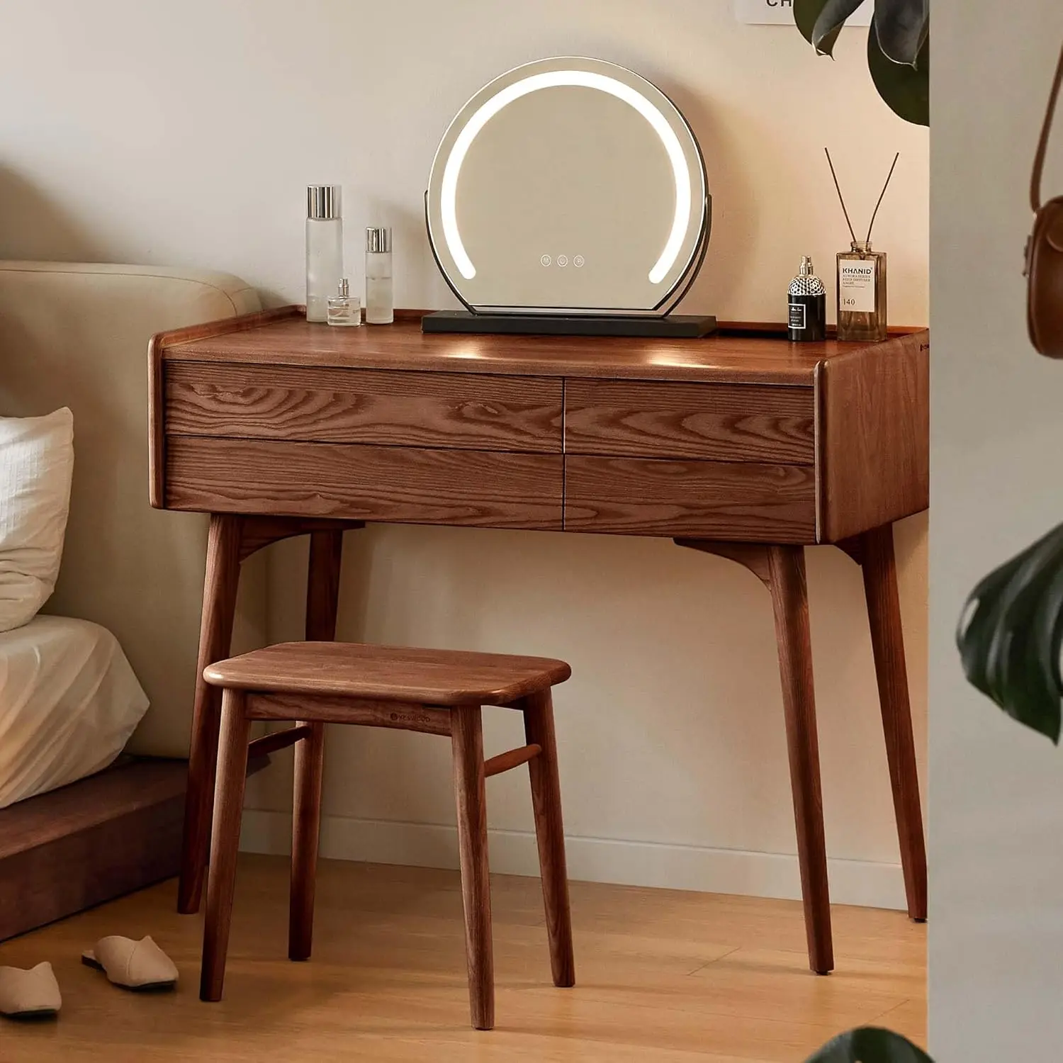 YESWOOD Solid Wood Vanity Desk, Space-Saving Small Makeup Table with Drawers, Compact Wooden Dressing Table for Bedroom & Small Apartment, 32”W x 18”D x 32”H, Walnut Finish, No Mirror & Chair