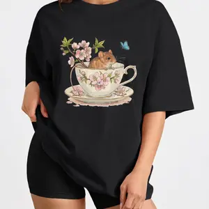 Cottagecore Aesthetic Graphic Tee Women Vintage Mouse in Teacup Art Top Cherry Blossom Floral Shirt Soft Girl Fashion Gift for Her plusized S-6XL_KT0047