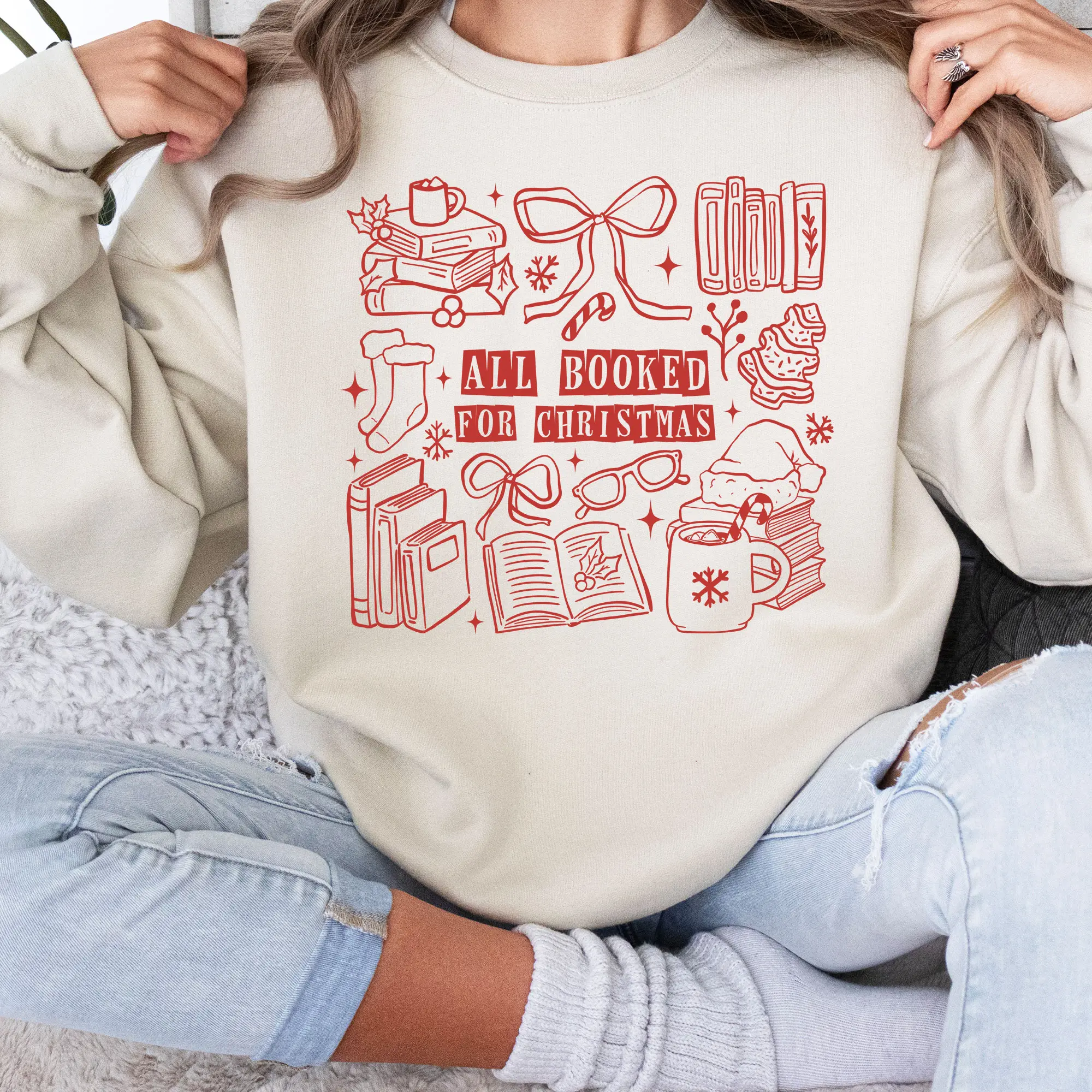 All Booked For Christmas DTF/DTG Graphic Sweatshirt - Unisex Relaxed Fit Soft Print Tee, 100% Cotton, Casual Wear