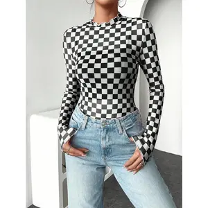 Women's Casual Checkerboard Long Sleeve Fitted Top
