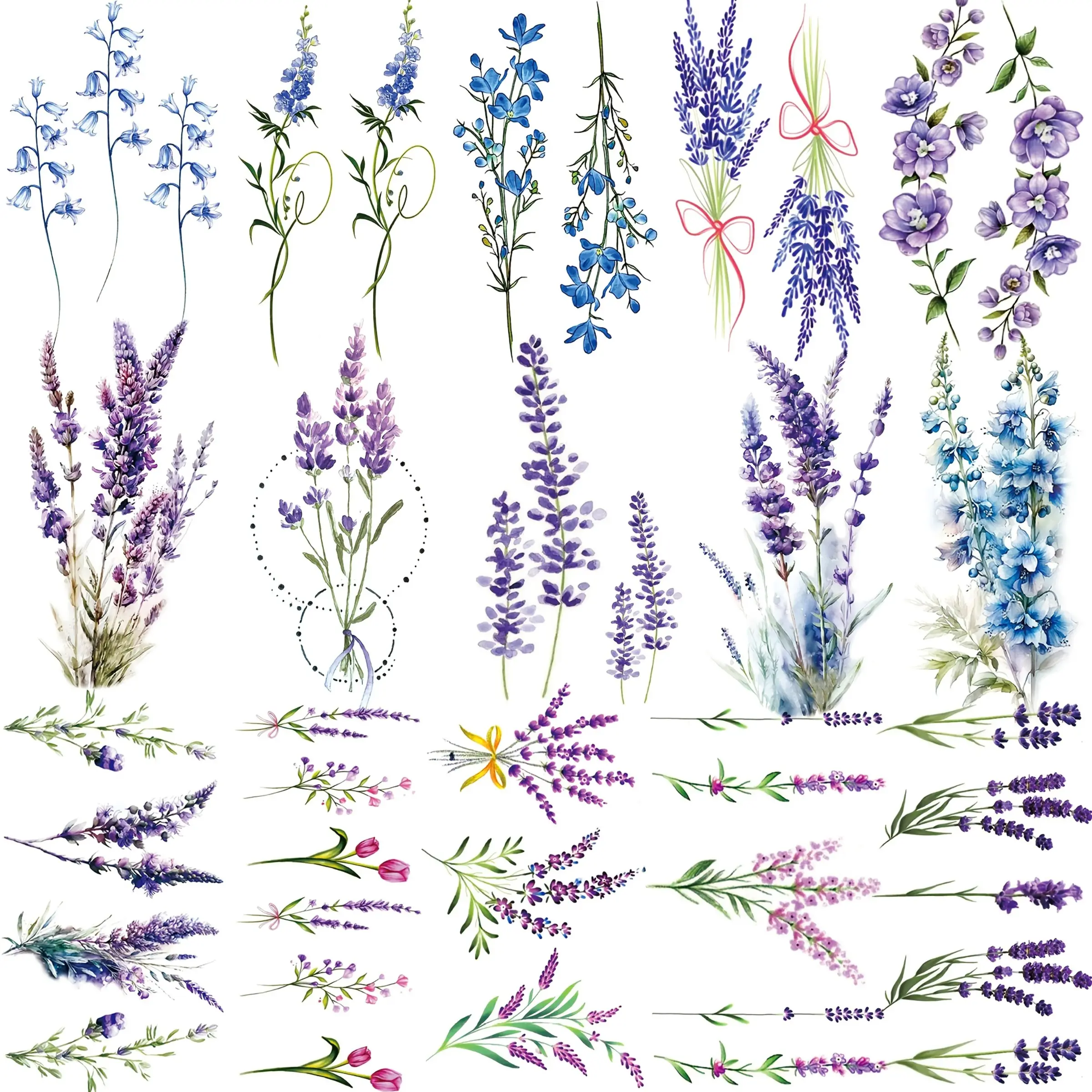 15pcs Lavender Temporary Tattoos, Watercolor Style, Assorted Designs, Waterproof, for Men & Women, Floral Wrist, Ankle, Neck Tattoo Stickers, Peel Off Tattoo