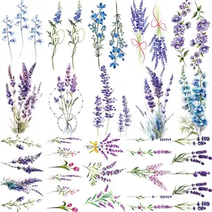 15pcs Lavender Temporary Tattoos, Watercolor Style, Assorted Designs, Waterproof, for Men & Women, Floral Wrist, Ankle, Neck Tattoo Stickers