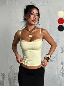Women's Summer Sleeveless Contrast Lace Splicing Top, Casual Fitted Blouse for Dating, Parties, Travel, Vacation
