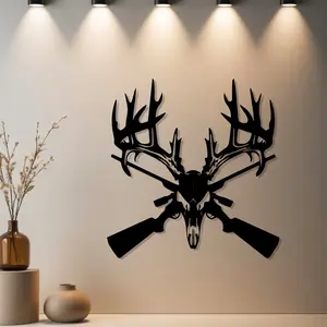 Housewarming Gift, 1pc Rustic Deer Head and Gun Metal Wall Decor, Rustic Deer Head and Gun Statue Mural with Premium Finish - Gift for Thanksgiving, Birthday, Wedding, Autumn Decor, Modern Home Decor - Metal
