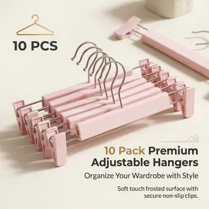 10 Pack Premium Adjustable Pants Hangers, Non-Slip Skirt Hangers with Clips, Soft Touch Frosted Surface, Heavy-Duty Pink Clothes Hangers for Trousers, Jeans, Skirts & Closet Organization