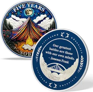 5 Year Sobriety Coin, Campfire Under Starry Sky AA Coin, Sober Chip Medallion with Serenity Prayer, Recovery Gifts for Narcotics & Alcoholics Anonymous, Anniversary Token for Men & Women in Recovery