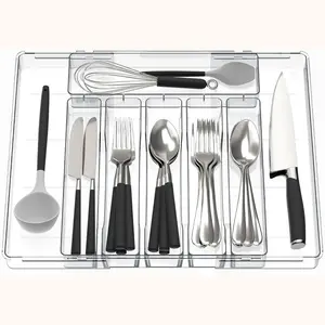 Silverware Organizer - 8 Slots Expandable Drawer Organizer for Utensils & Cutlery, Multipurpose Kitchen Organizers and Storage Solution, Clear, 21.3" x 14.5" x 1.8"