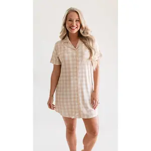 Women's Ribbed Button Down Dress In Neutral Gingham