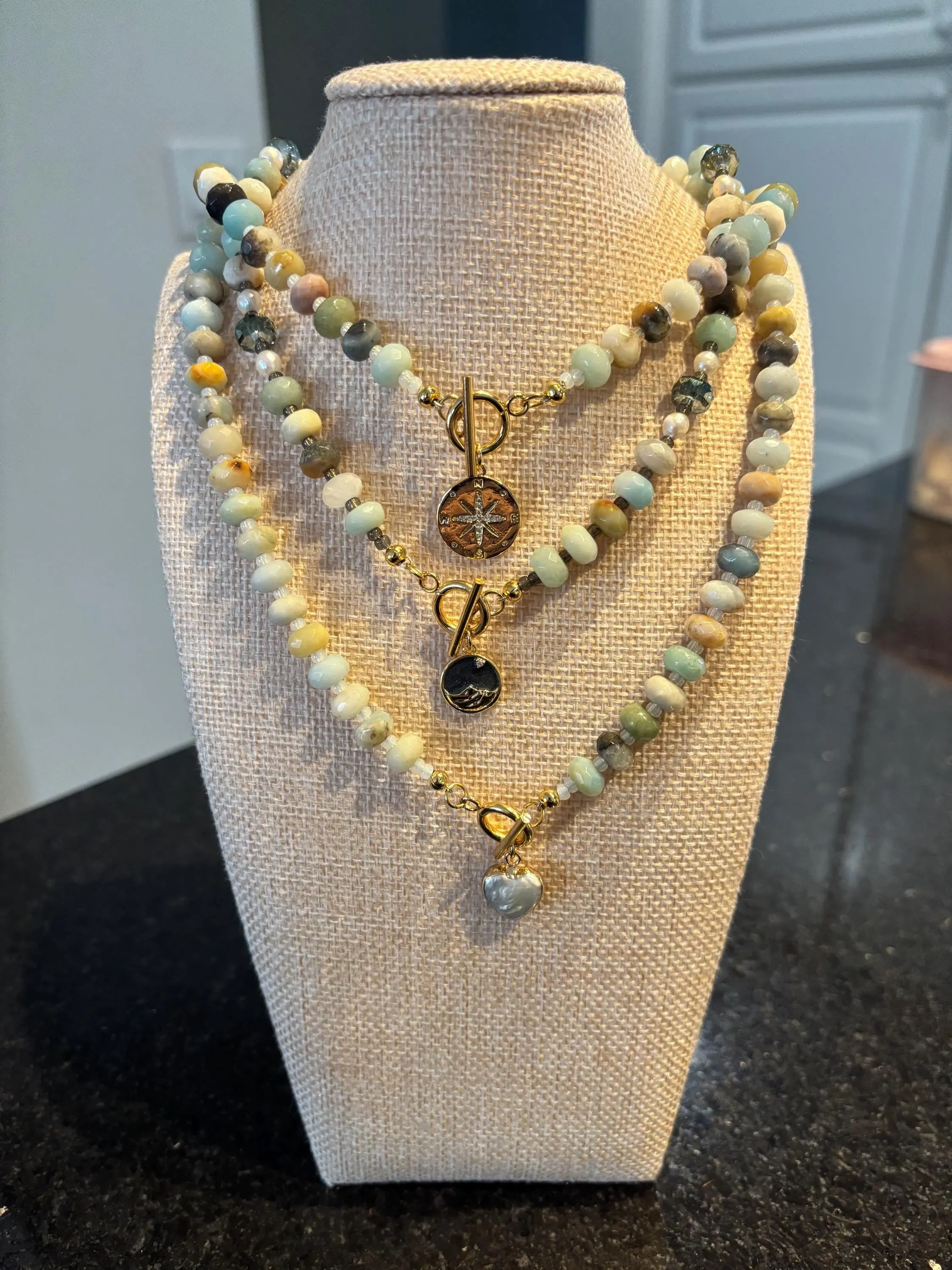 Beaded Amazonite Necklace with Gold Charm