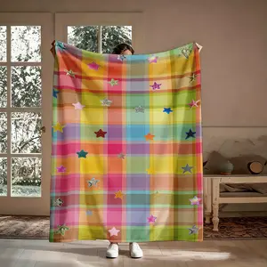 Flannel Blanket, Rainbow Plaid Colorful Star Pattern Soft Throw, Cozy Warm Blanket For Sofa Bed Travel, Gift For Her Kids Girl Friend Sister, Happy Bright Aesthetic Decor
