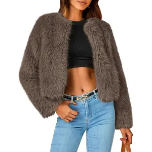 Women's 2026 Winter Coats Fleece Cropped Jacket Faux Fur Long Sleeve Pockets Shaggy Warm Outerwear Fall Clothes