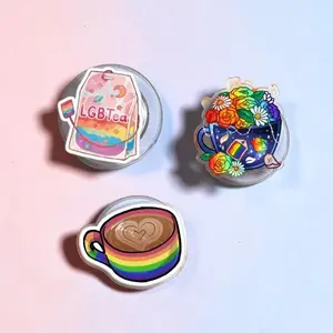 Rainbow Coffee Lover MagSafe Phone Grip, Magnetic Pop Socket, LGBTQ Cute Phone Holder, Pride Month Gift Accessory for Phone Kindle