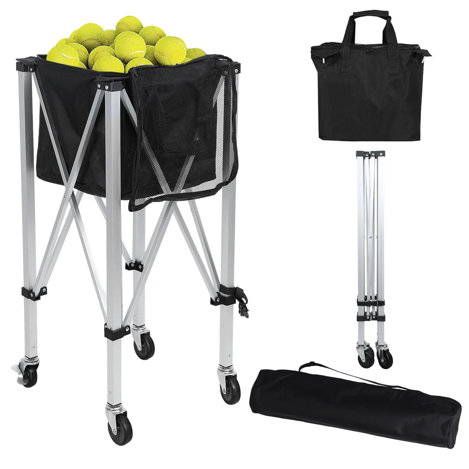 Portable Tennis Ball Hopper Holds 160 Balls, Tennis Ball Basket Cart with 4 Wheels & Brakes, Detachable Bag for Tennis and Pickleball Training
