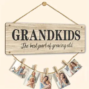 Traditional Wooden Grandkids Photo Holder Sign with Twine - Wall Hanging Display Plaque for Grandparents, Multipurpose Family Picture Frame Hanger, Ideal Gift for Christmas, Hanukkah, Thanksgiving, Mother's Day Gift, Room Decor Inspirational