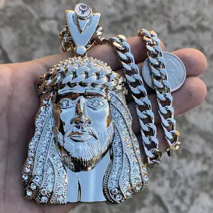 Huge Jesus Piece Pendant Cuban Crown Head Necklace Silver Tone Hip Hop Chain 30"