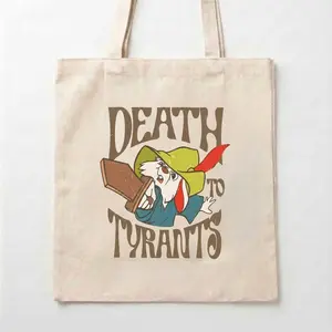 [Ship From US] - “Death to Tyrants” White Rabbit Canvas Tote Bag – Vintage Fantasy Graphic Shopper