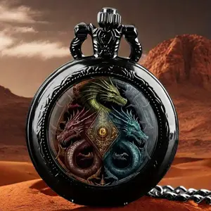 Drangon Pattern Glass Round Quartz Pocket Watch, Fashion Quartz Pocket Watch With Chain, Unique New Year Christmas Birthday Gift