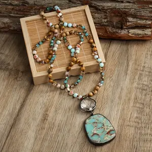 8mm Stone Beads Bohemian Pendant Necklace - Hand-Knotted, Droplet Charm, Festival-Inspired Jewelry Accessory - Unique Gift Idea for Her