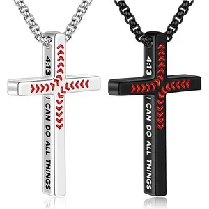 Baseball Bible Verse Boy Cross Necklace, Stainless Steel Cross Pendant Chain, Christian Religious Baseball Accessories, Son Jewelry Gift
