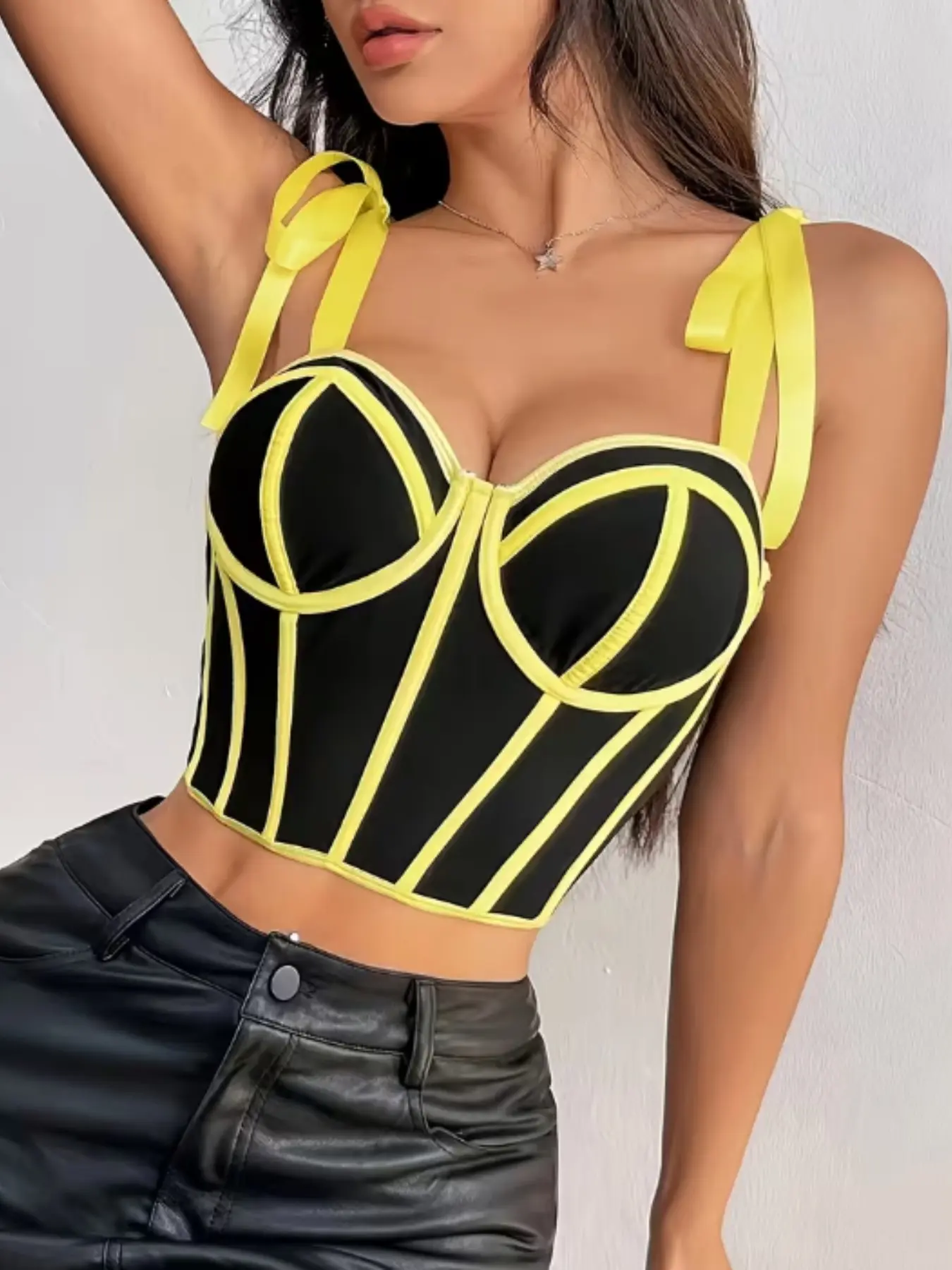 Viral Y2K Contrast Piping Lace Corset Tanks Top Women Sexy Tie Strap, Adjustable Spaghetti Strap Bustier Crop Top Sleeveless Neon Edge Clubwear Festival Rave Outfit Spring Summer Cropped Sleeveless Cami Cosette Crop Top Top