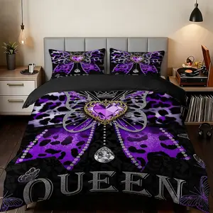 2/3 Pcs Purple Queen Crown Butterfly Design Ultra-High-Definition Digital Printed Duvet Cover Set(1* Duvet Cover+1/2* Pillowcase,No Inner Core),100% Polyester Fiber,Suitable For All Seasons,Machine Washable,Perfect Gift For Family