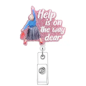 Help Is On The Way Dear Retractable Badge Holder With ID Clip, 1 Count Funny Name Badge Holder, Retractable Badge Reel For Nurse & Doctor, Badge Reels Retractable