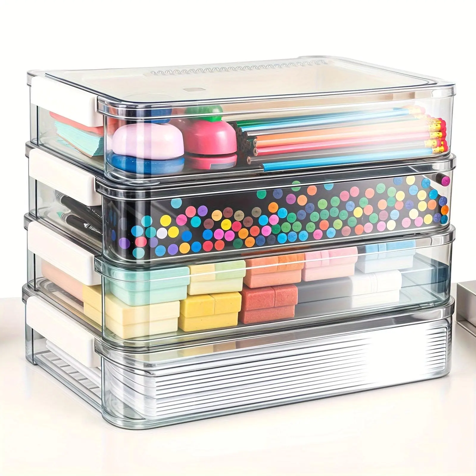 (Buy Two Get Two Free) Heightened 4-Pack A4 Paper File Storage Box Office Supplies Storage Box Drawer Storage Transparent Storage Box Stackable, Office Desktop Storage