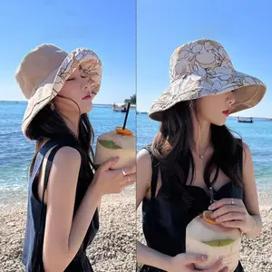 2026 New Women's Reversible Floral Bucket Hat, Summer Wide Brim Sun Hat UV Protection Cotton Linen