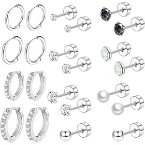 Surgical Steel Flat Back Earrings Set for Multiple Piercing Sensitive Ears,Sterling Silver Hypoallergenic Small Cartilage Huggie Hoop Earrings Titanium Tiny CZ Pearl Opal Stud Earrings for Women