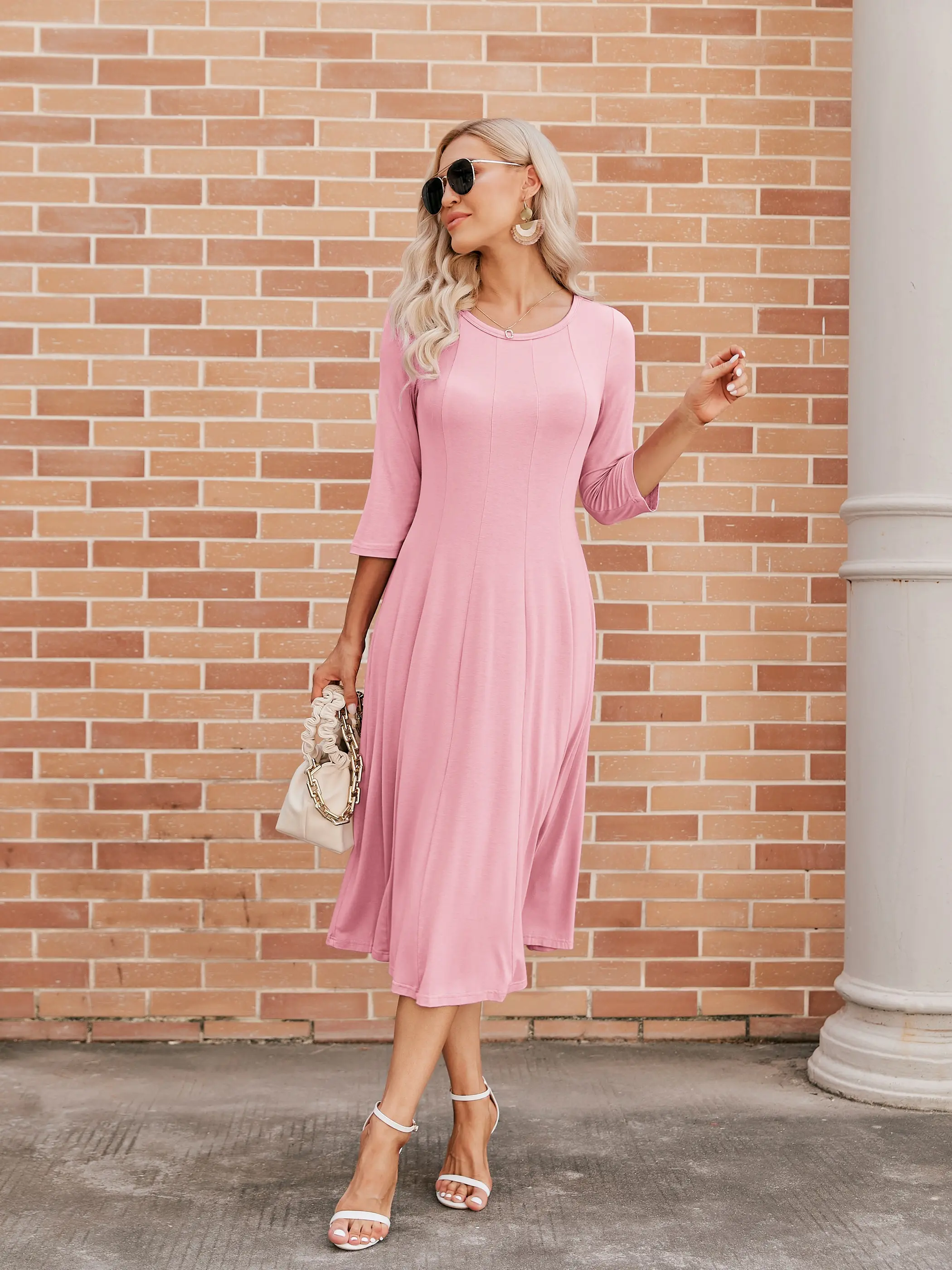 fit and flare midi dress with 3/4 sleeves Hourglass 3/4 Sleeve fit & Flare Dress