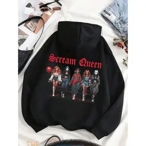 Men's Graphic Horror Hoodie Featuring Scream Queen Design In Soft Black Fabric For Halloween And Cold Weather Comfort