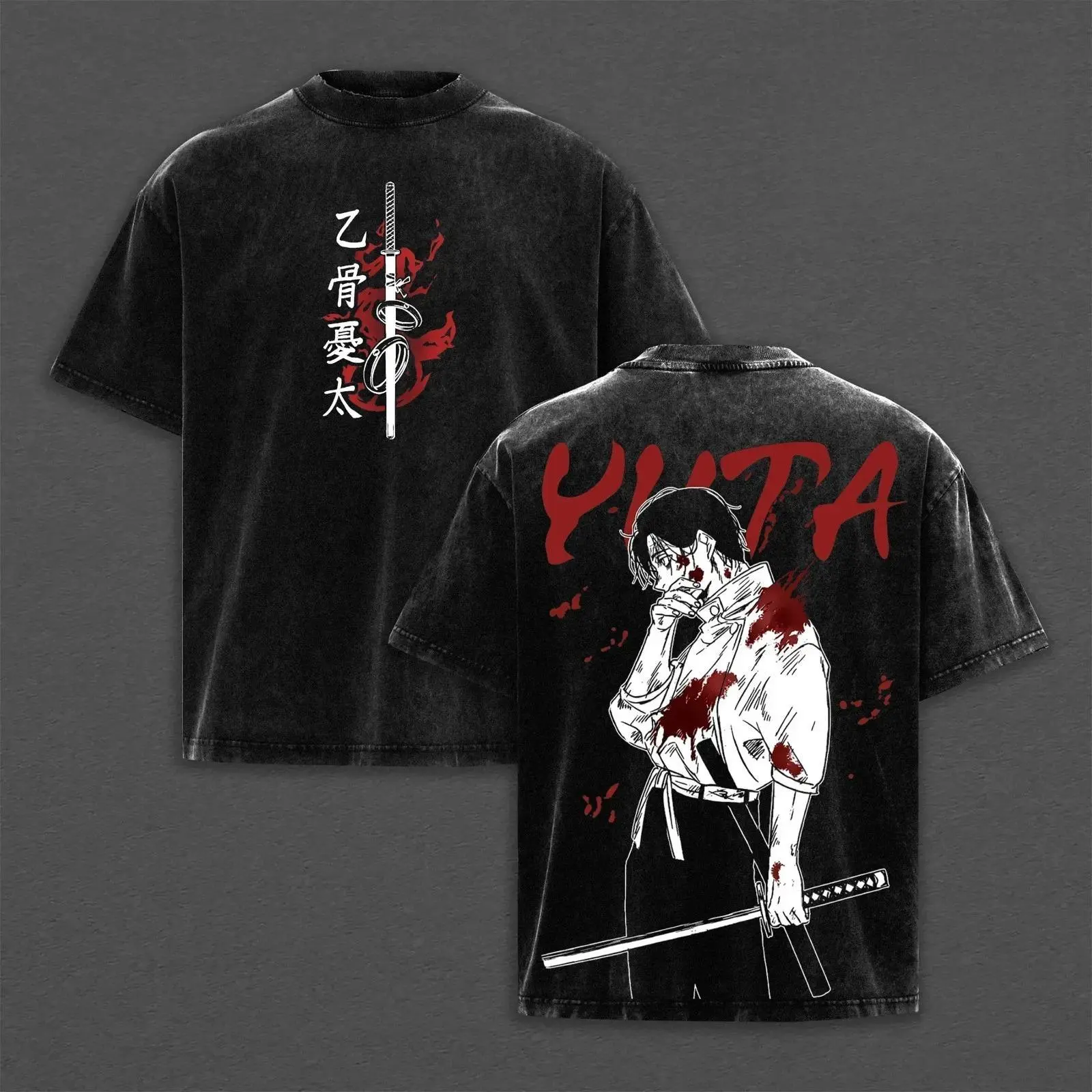 Casual Black Washed Jujutsu Kaisen Anime Graphic T Shirt Yuta Okkotsu Print Oversized Short Sleeve Crewneck Cotton Tee Streetwear Top for Men and Jujutsu Kaisen Enthusiasts