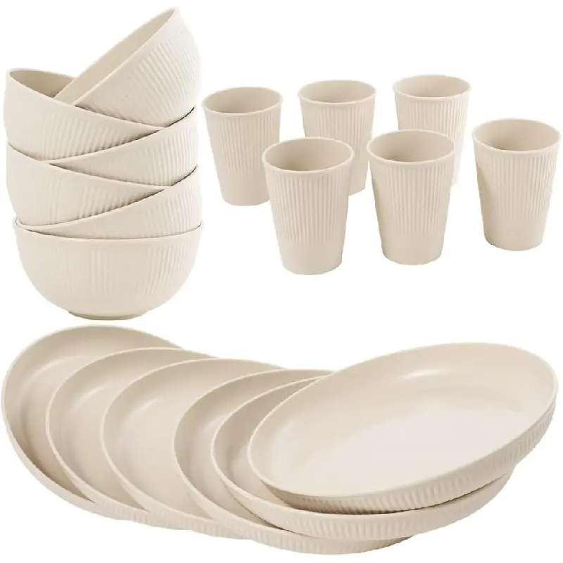 36-Piece Reusable Wheat Straw Dinnerware Sets for 6,  Unbreakable Reusable Set Kitchen Cups, Plates, Bowls Sets & Cultery Dishwasher Microwave Safe - Patio, Outdoors, RV, Camping Dishes