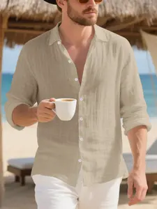 Men's Linen Shirt Long Sleeve Button Down Casual Loose Fit Tropical Spring Autumn Fashion, Comfortable Daily Wear Top for Men Button Front Shirts