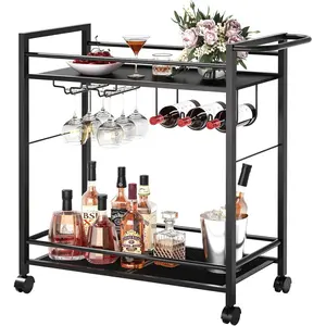 Bar Cart, Bar Serving Cart with Storage Shelves, 2 Tier Rolling Beverage Cart with Wheels, Modern  Cart with  Rack and Glass Holder for Kitchen, Living Room,Dinning Room,Black