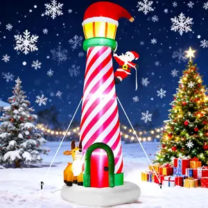10FT Christmas Inflatable Yard Decoration, Giant Blow Up Lighthouse with Santa and Reindeer with Built-in LED Lights & Drawstring Bags for Yard Lawn Garden Holiday Outdoor Decor