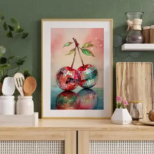 Cherry Print - Disco Ball Fruit Poster Maximalist Wall Art Gift New Home Trendy Colourful Eclectic Watercolour Decor Unframed, Room Decor