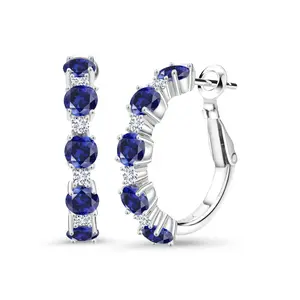 Gem Stone King 925 Sterling Silver Gemstone Birthstone and White Moissanite Hoop Earrings for Women | Round Cut 4MM and 1.9MM Stones | 1 Inch Diameter Hoops | Fine Jewelry for Her Mom Wife Women