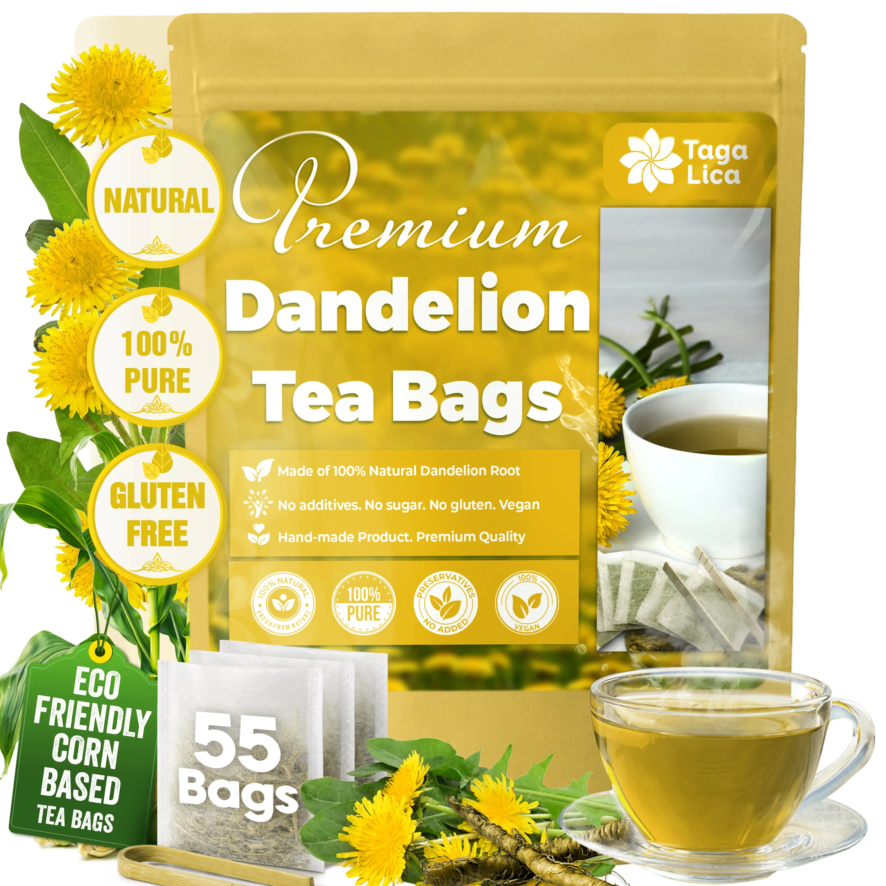 【FreshDrinkUS】 Premium Dandelion Root Tea Bags, 100% Natural & Pure from Dandelion Root, Eco-Conscious Tea Bags, Dandelion Tea, Dandelion Root Herbal Tea. Dandelion Root Tea. No Sugar, No Caffeine, No Gluten, Vegan