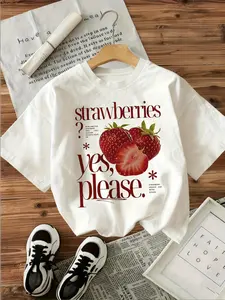 "Strawberries? Yes, Please" Retro Strawberry Graphic T-Shirt - Casual Short Sleeve Crew Neck Women's & Kids' Fruit Lover Tee