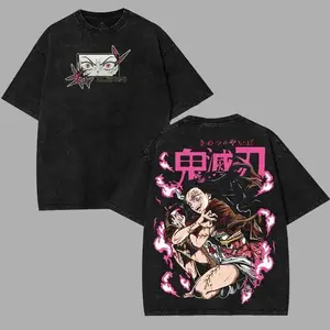 Women's Nezuko Kamado Demon Slayer Kimetsu No Yaiba Anime Manga Casual Short Sleeve Athletic Loose-Fitting 2-Sided Graphic Tee, Distressed Classic Vintage Unisex Merch Top, Washed T-Shirt