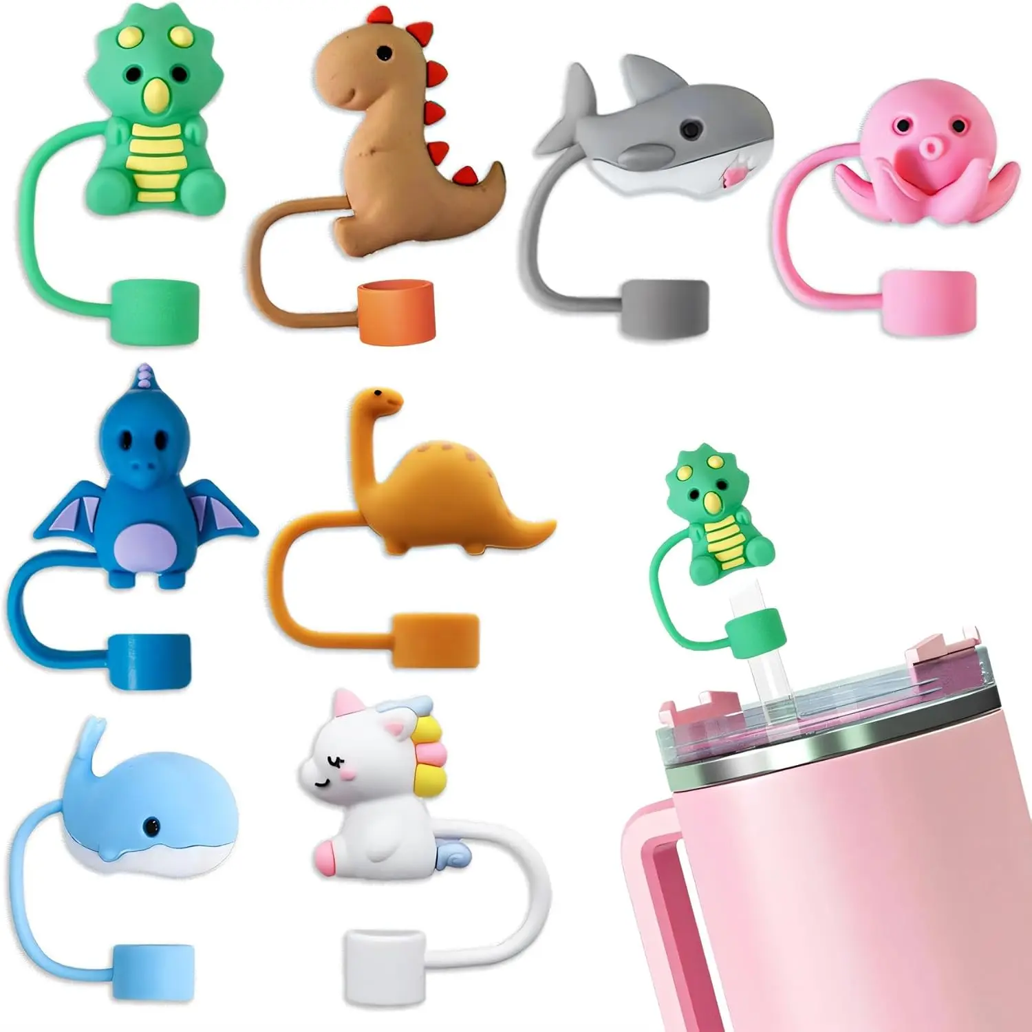 8 Pack  Straw Cover Cap for  Cup 30&40 Oz Tumbler,  Straw Topper Protector Lid in Various Shapes,  Cute Dinosaurs Covers for 0.4 Inch/10 mm Straws