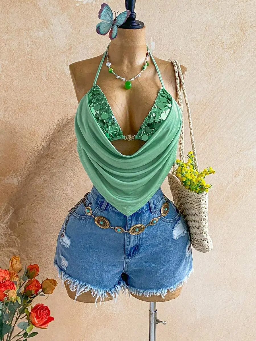 Women's Summer Vacation Party Sequin Patchwork Halter Neck Camisole,No Chest Padding